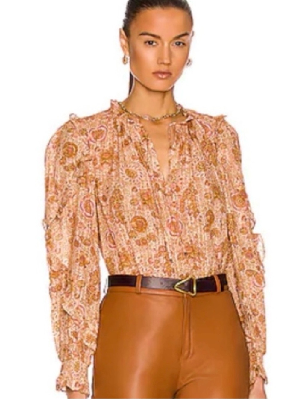 Printed Long-Sleeve Blouse in Peach Paisley
